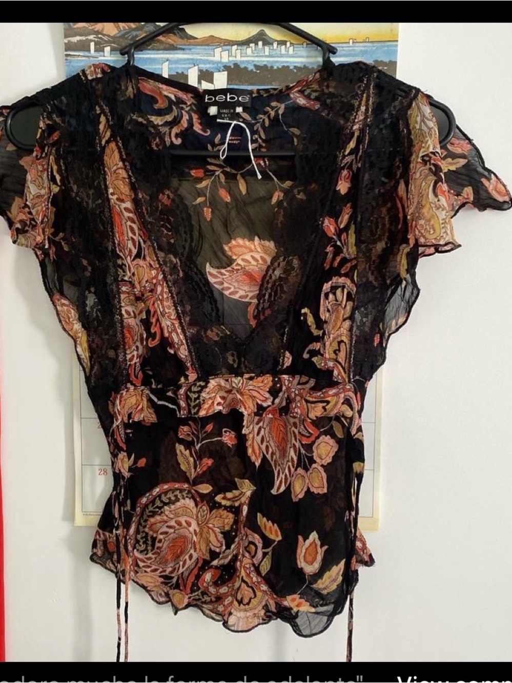 ISO - bebe Black Sheer Paisley Lace Blouse with Pink and Orange Accents